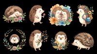Cute hedgehog characters with floral elements, isolated on transparent background. Perfect for t-shirt designs, clipart, stickers, print-on-demand products, and sublimation projects.