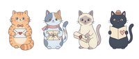 Four adorable cartoon cats holding love letters and envelopes on white background, isolated clipart for romantic greeting cards and Valentine designs.
