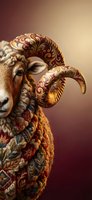Ornate ram with decorative floral patterns and golden baroque swirls on horns against warm gradient background for luxury design projects.