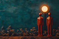 Minimalist wooden figures standing under glowing moon light surrounded by tiny flowers against dark teal background, conceptual surreal art piece.