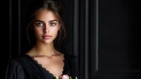 Young brunette woman with intense gaze wearing black vintage dress against dark background. Professional portrait photography for fashion and lifestyle projects.