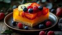 Fresh fruit jelly dessert slice with strawberries, blueberries, raspberries and kiwi on top, served on rustic ceramic plate against dark wooden background.
