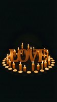 Wooden LOVE sign surrounded by glowing candles arranged in a heart shape on dark background, romantic atmosphere for Valentine's Day.