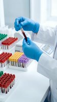 Laboratory technician in blue gloves examining blood sample test tube in modern medical lab with colorful specimen collection for diagnostic testing.