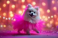 White Pomeranian dog wearing bright pink tulle tutu against blurred bokeh lights background, creating magical festive atmosphere on pink surface.