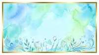Watercolor abstract background with soft turquoise and green washes, delicate botanical silhouettes and bubbles at bottom, ideal for invitations and greeting cards.