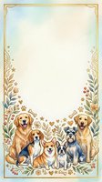 Watercolor dog breeds group with floral frame and copy space, featuring golden retriever, corgi, beagle, schnauzer and labrador for cards.