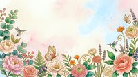 Watercolor floral border with roses, peonies, butterflies, and hummingbirds on a soft pastel background, perfect for cards and invitations.