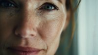 Close up portrait of mature Caucasian woman with natural makeup, blue eyes and slight smile showing confidence and wisdom against blurred teal background.