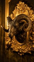 Ornate golden ram head sculpture mounted on decorative baroque frame with cherub details, ideal for luxury interior design and classical architectural elements.