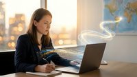 Young professional woman working on laptop at desk with world map, taking notes during golden hour sunset in modern office workspace.