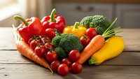 Fresh organic vegetables arranged in heart shape on wooden table including red bell peppers broccoli carrots cherry tomatoes for healthy cooking and nutrition.