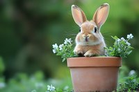 Adorable brown bunny rabbit sitting in terracotta flower pot with blooming white flowers against green garden background, spring nature composition.