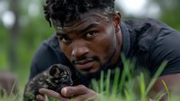 Athletic Black male wildlife educator holding small owl in grass outdoors. Educational content for nature programs, wildlife conservation awareness, and environmental learning materials.