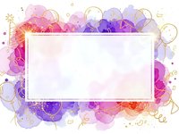 Watercolor frame with vibrant pink and purple bubbles, gold accents on white background. Abstract border design for invitations, cards, presentations.