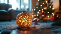 Glowing golden Christmas ornament ball with intricate pattern on soft fur rug, blurred festive tree lights and cozy home interior in background.