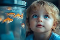 Young Caucasian girl with bright blue eyes and blonde hair gazing with wonder at orange goldfish swimming in round glass aquarium. Magical childhood moment captured in dreamy blue tones.
