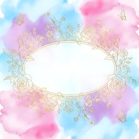 Watercolor floral frame with gold roses and butterflies on pastel background. Elegant oval border for wedding invitations, greeting cards and feminine designs.