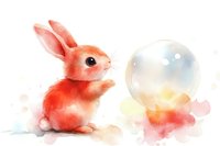 Adorable pink bunny rabbit looking curiously at glowing magical bubble against soft watercolor background, gentle pastel tones create dreamy atmosphere.