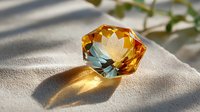 Amber crystal gemstone with faceted edges casting golden shadows on soft white surface, ideal for luxury product photography.