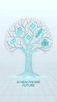 Digital healthcare tree with medical icons and AI technology symbols representing future medicine and telemedicine innovation.