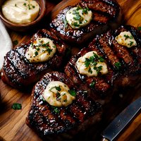 Grilled ribeye steaks topped with garlic herb butter medallions on wooden cutting board. Juicy meat with caramelized grill marks and fresh parsley garnish.