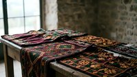 Traditional handwoven textiles with intricate ethnic patterns displayed on rustic wooden table in historic stone interior for cultural heritage decoration.