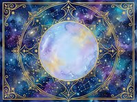 Mystical celestial moon surrounded by ornate golden mandala frame against starry cosmic background for spiritual and esoteric designs.