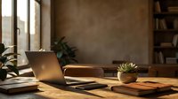 Laptop on wooden desk with notebook, pen, and succulent plant in sunlit home office workspace.
