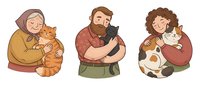 Happy pet owners cuddling with their beloved cats and dogs showing unconditional love and companionship between humans and animals on white background.