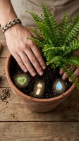 Person with braided bracelet tending fern plant in terracotta pot with soil care icons, representing sustainable gardening and indoor plant cultivation.