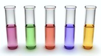 Laboratory test tubes with colorful liquid chemicals in pink, green, coral, purple and yellow on white background, isolated scientific glassware for research.