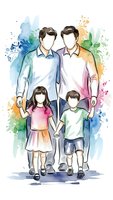 Watercolor illustration of happy family with two fathers and children holding hands surrounded by colorful paint splashes on white background.