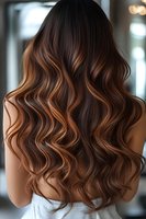 Long wavy brunette hair with copper balayage highlights shown from behind on young woman wearing white top, demonstrating professional hair coloring technique.