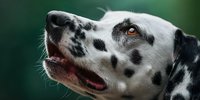 Dalmatian dog portrait with distinctive black spots looking upward against blurred green background. Purebred canine with open mouth showing happy expression.