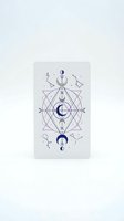 Mystical geometric design with moon phases and sacred symbols in purple ink on white card for spiritual branding and esoteric artwork projects.