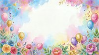 Watercolor floral frame with colorful balloons and blooming flowers in pastel tones, isolated on white background for greeting cards, invitations, and celebrations.