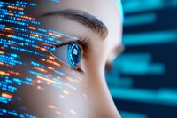 Close up view of blue eye with digital code overlay and futuristic technology elements against cyan background, representing artificial intelligence and digital vision.