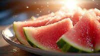 Fresh juicy watermelon slices on white plate with water drops and sunlight bokeh effect, close up view of ripe red fruit with green rind.