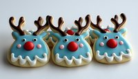 Festive reindeer sugar cookies decorated with blue royal icing, red nose, and brown antlers on white background, perfect for Christmas holiday baking and treats.