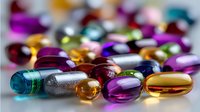 Colorful pharmaceutical capsules and pills scattered on reflective surface with soft focus. Macro shot showing transparent medication in purple, gold, silver and blue tones.