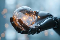 Robotic hand holding glowing crystal ball with magical sparkles and light effects against blurred blue background. Futuristic technology meets mystical concept.