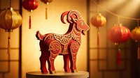 Red wooden goat figurine with golden ornate patterns displayed on table with hanging lanterns for Chinese New Year celebration and festive decoration.