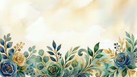Watercolor floral border with blue and golden roses, green foliage and decorative leaves on cream background. Isolated design element for invitations and cards.