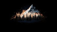 Dramatic mountain peak rising above silhouetted pine forest with orange and white paint splash effect on black background, artistic nature composition.