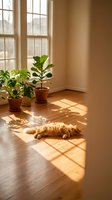 Ginger cat relaxing on wooden floor in sunlit room with potted plants by window, warm natural light creating geometric shadows, cozy home interior.