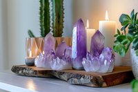 Purple amethyst crystal cluster with burning candles on wooden tray creating peaceful meditation and healing energy atmosphere for spiritual wellness practices.