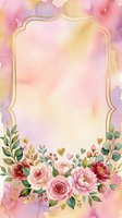 Watercolor floral frame with pink and red roses, peonies, and greenery on soft pastel background with gold border, isolated on white for invitations and greeting cards.