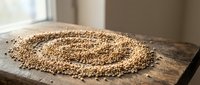 Dried coriander seeds arranged in circular pattern on wooden surface with natural light, suitable for culinary, food styling, and ingredient photography.