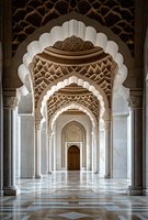 Ornate marble corridor with traditional Islamic architecture featuring pointed arches, geometric patterns, and decorative carvings leads to wooden door in mosque interior.